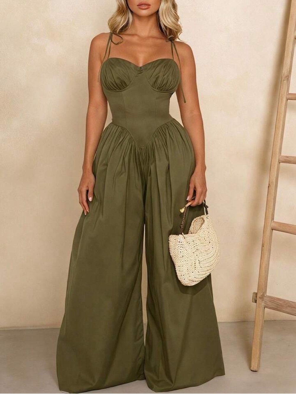 Olive Green Wide-Leg Jumpsuit with Corset Bodice